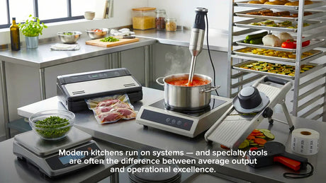 Commercial kitchen prep station featuring specialty tools like a vacuum sealer, digital scale, immersion blender, mandoline slicer, and labeling system to improve efficiency