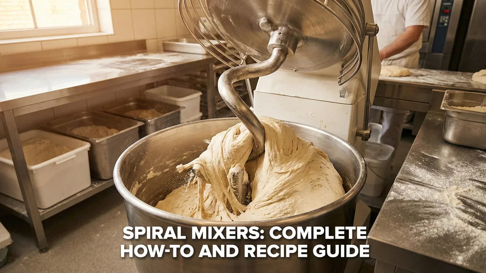 Spiral mixer kneading dough in a commercial bakery kitchen