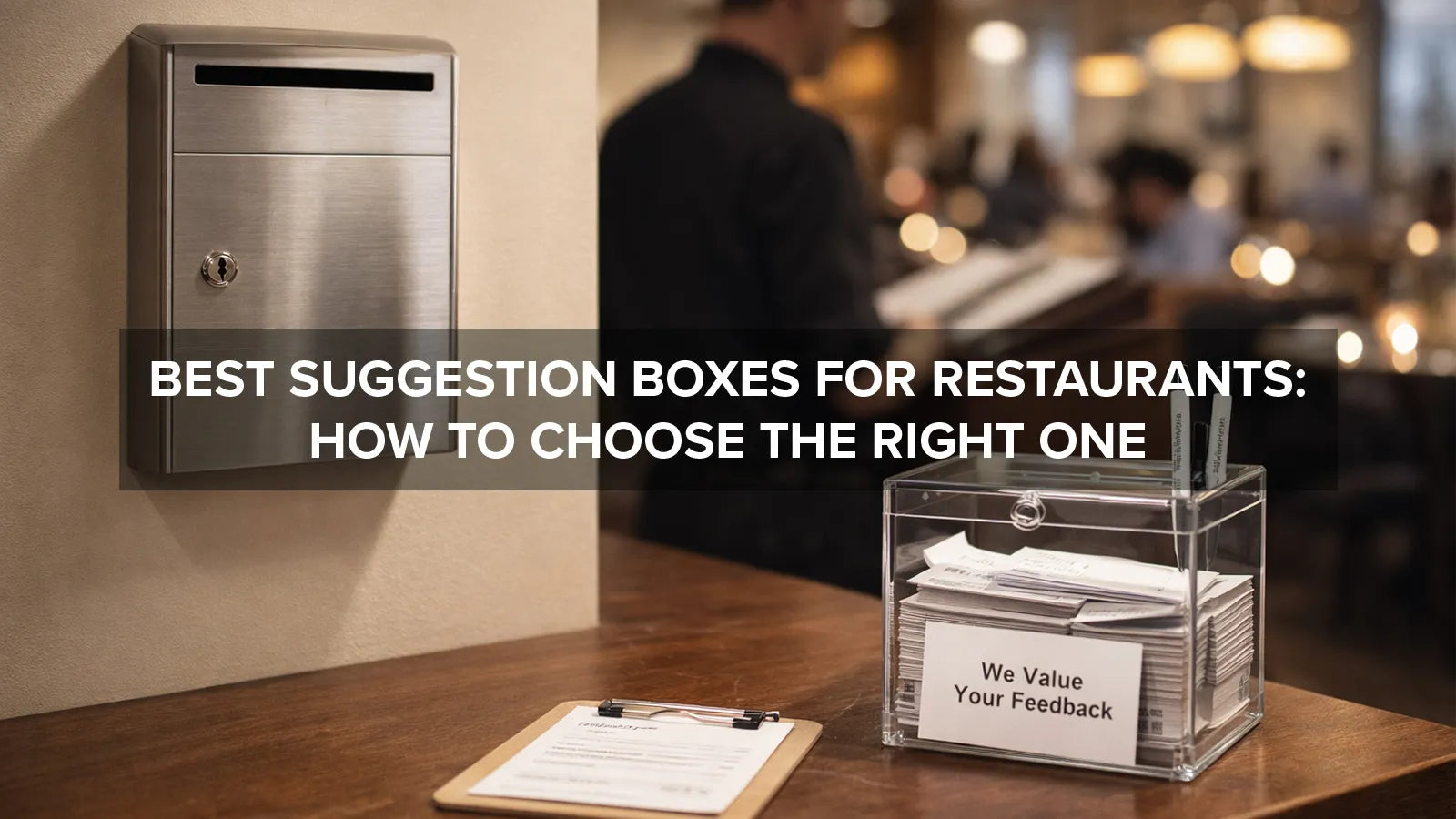 Comparison of wall-mounted metal suggestion box and clear countertop suggestion box used in restaurants for customer feedback