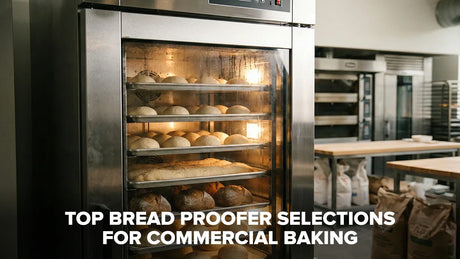 Commercial bread proofer with rising dough inside in a bakery setting