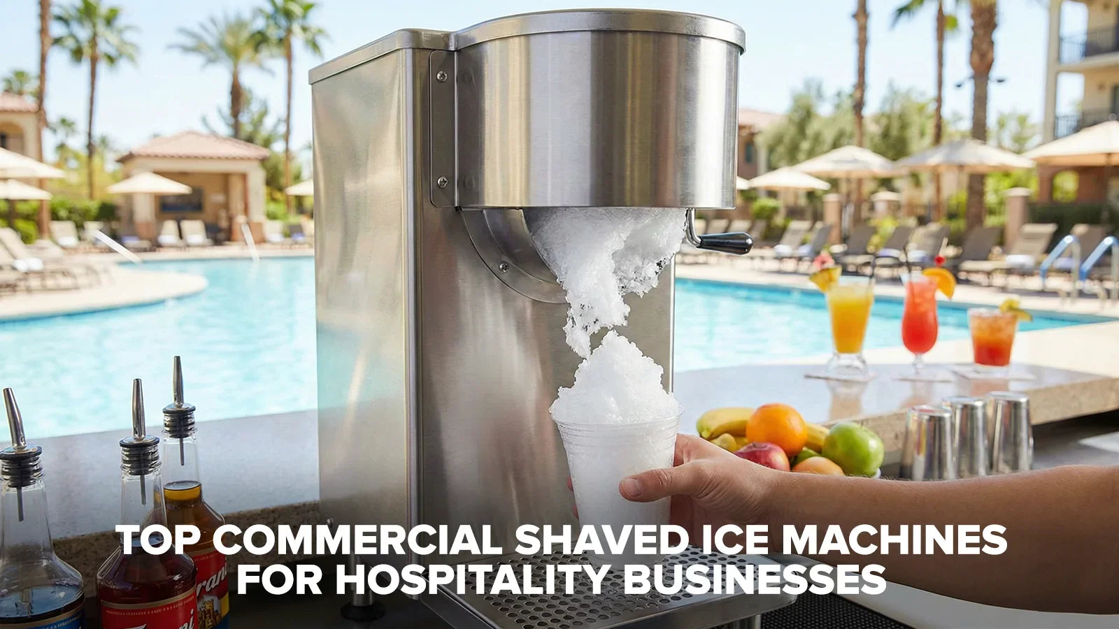 Commercial shaved ice machine dispensing shaved ice in a hospitality business setting