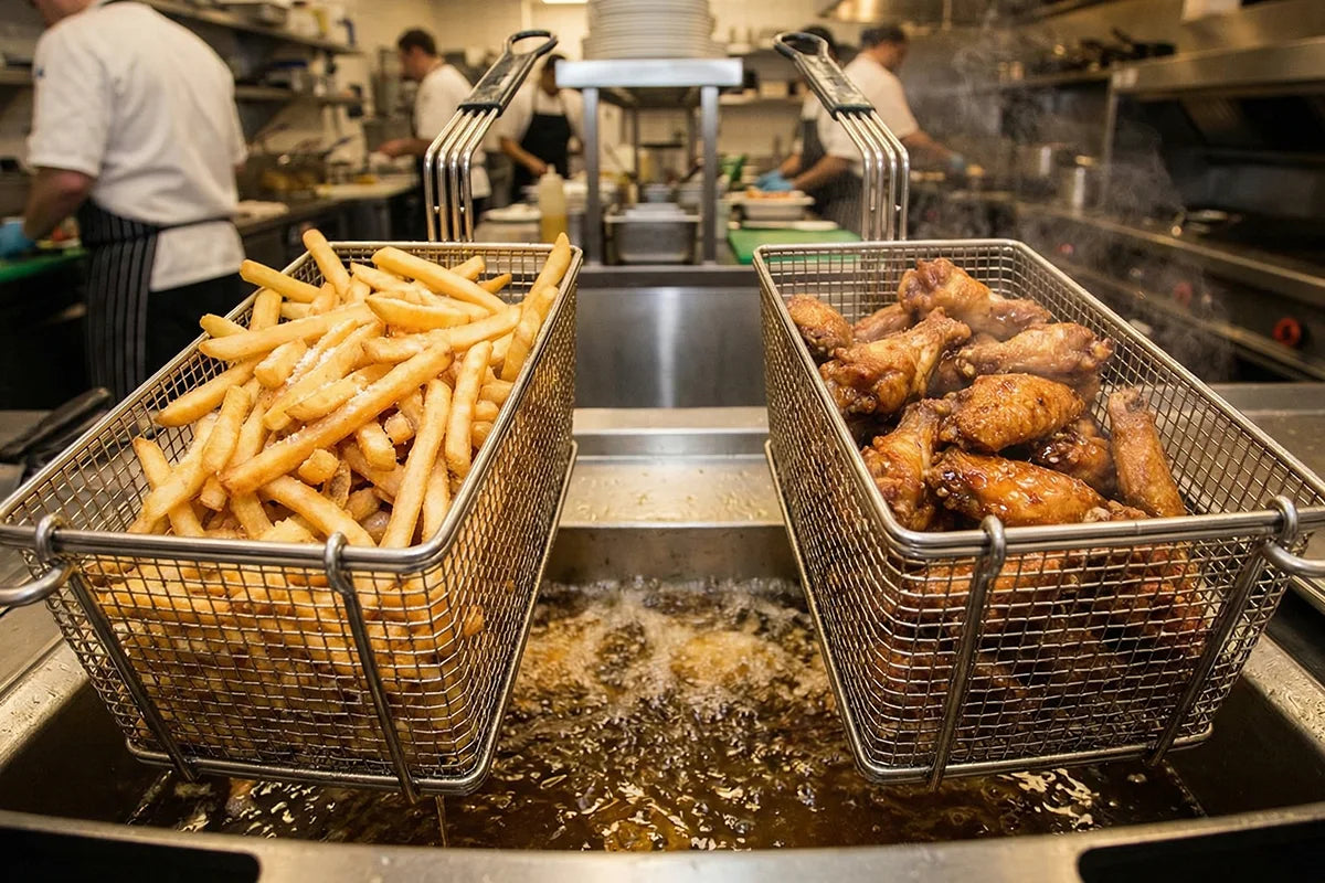 Countertop fryer with twin baskets frying two different items to support faster service and menu separation