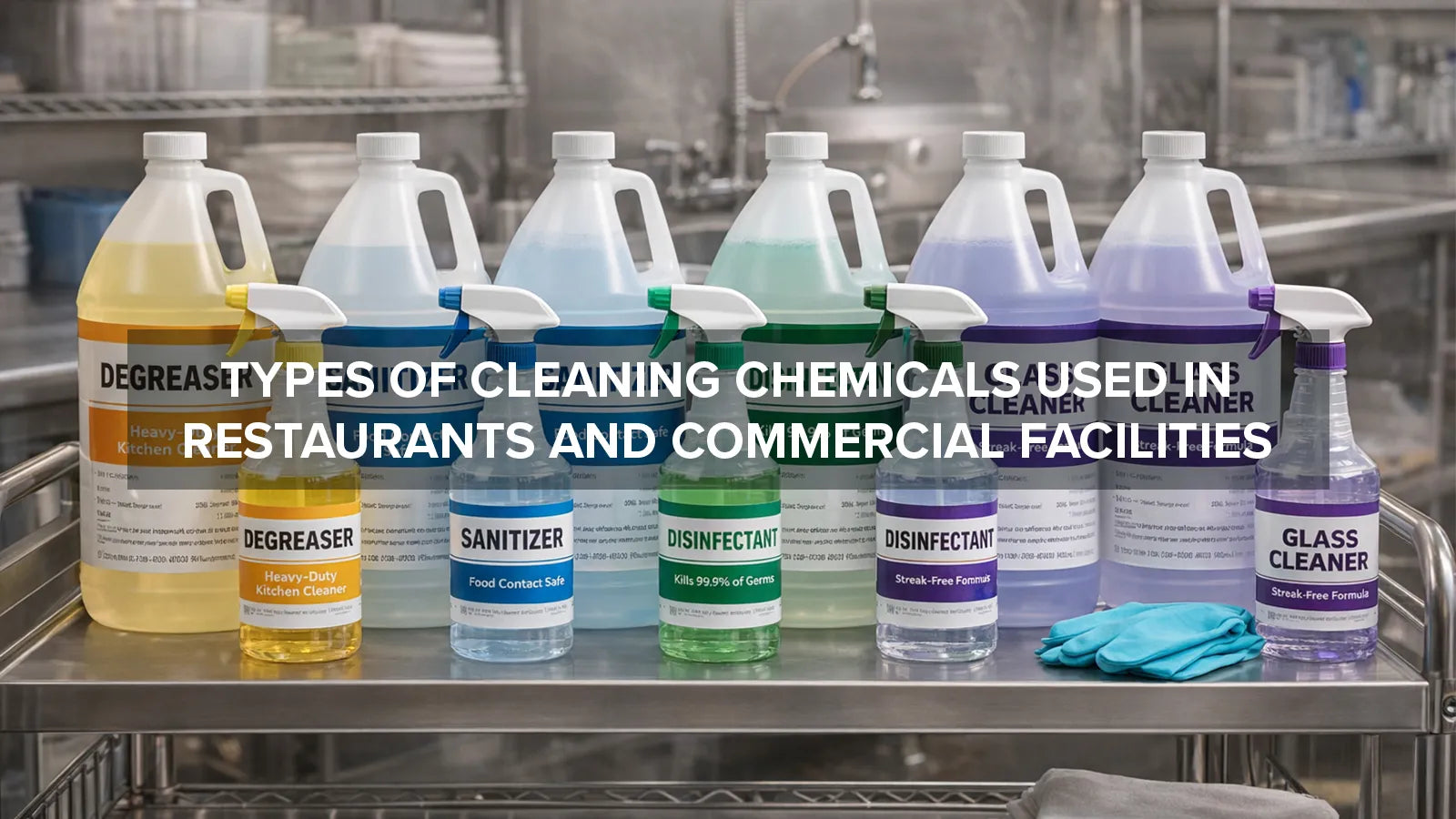  Various cleaning chemicals including degreasers and sanitizers used in a commercial kitchen