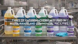  Various cleaning chemicals including degreasers and sanitizers used in a commercial kitchen