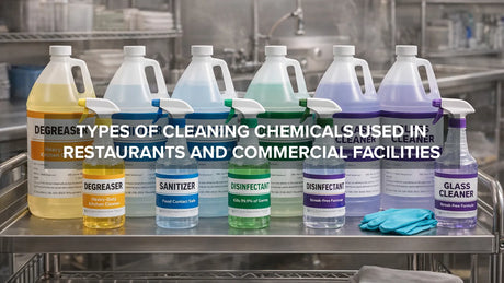  Various cleaning chemicals including degreasers and sanitizers used in a commercial kitchen