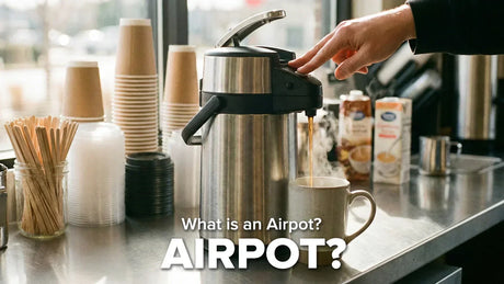 Stainless steel coffee airpot on a beverage station showing what an airpot is and how it dispenses coffee