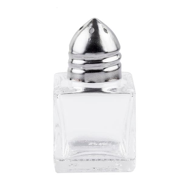 A clear cube glass Salt/Pepper Shaker with a shiny, metallic, dome-shaped lid featuring three holes. The shaker is empty and photographed against a plain white background. Dishwasher safe for easy cleaning.