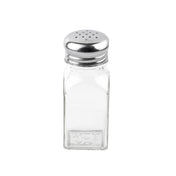 A clear glass salt shaker with a square base and floral pattern, topped with a shiny stainless steel top featuring small holes for dispensing. The empty shaker is set against a plain white background, ideal for salt & pepper shakers collections.