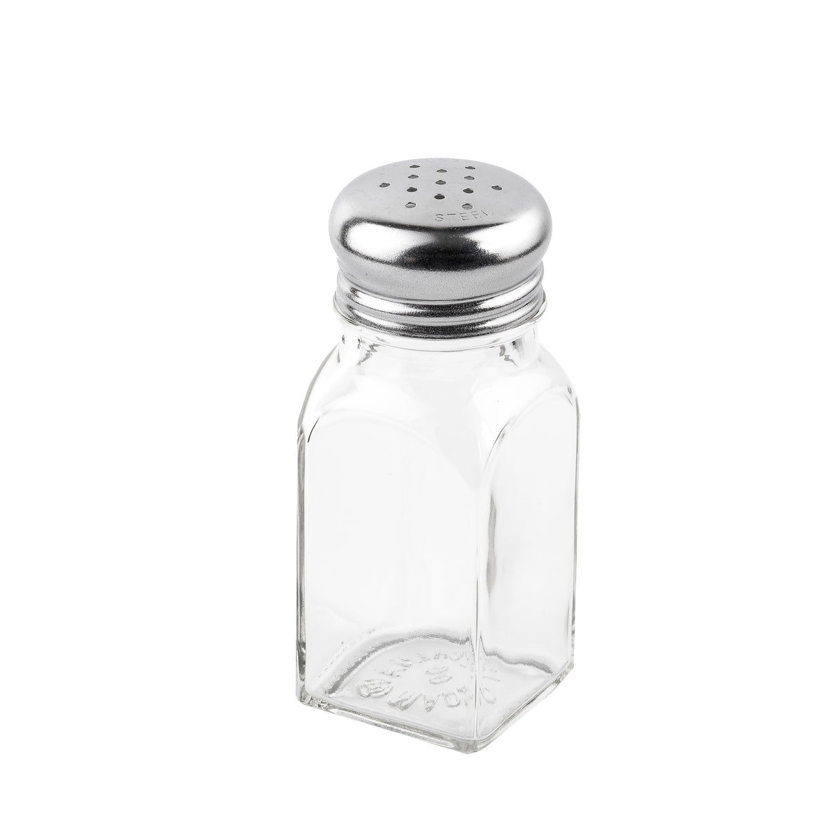 A clear glass salt shaker with a square base and rounded shoulders. This classic piece from the salt & pepper shakers set features a shiny stainless steel top with multiple holes and is set against a plain white background.