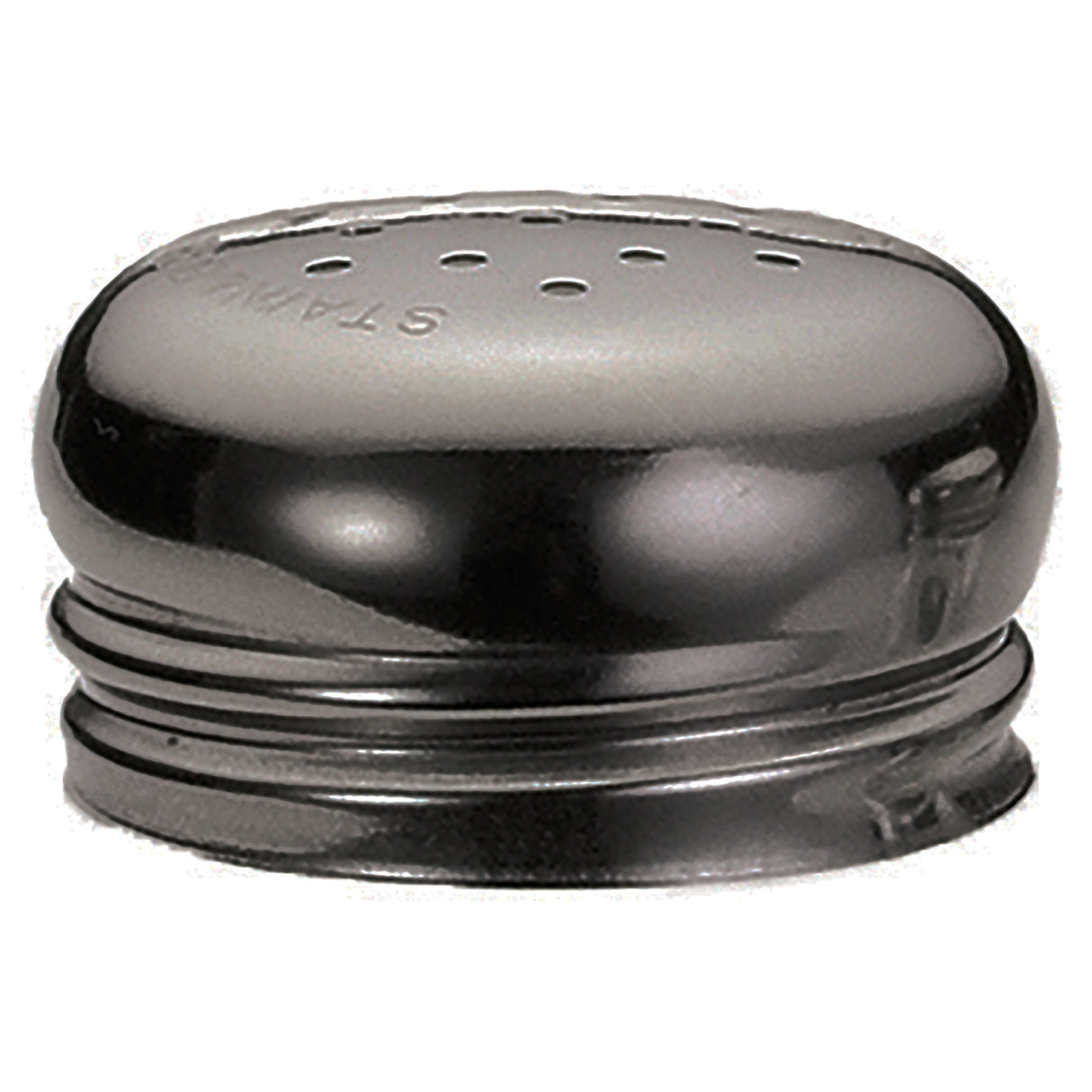 A shiny, metallic, round salt and pepper shaker replacement top with small holes and ridged edges. The stainless steel surface reflects light, and “STAINLESS” is faintly visible. A plain white background highlights its texture and details.
