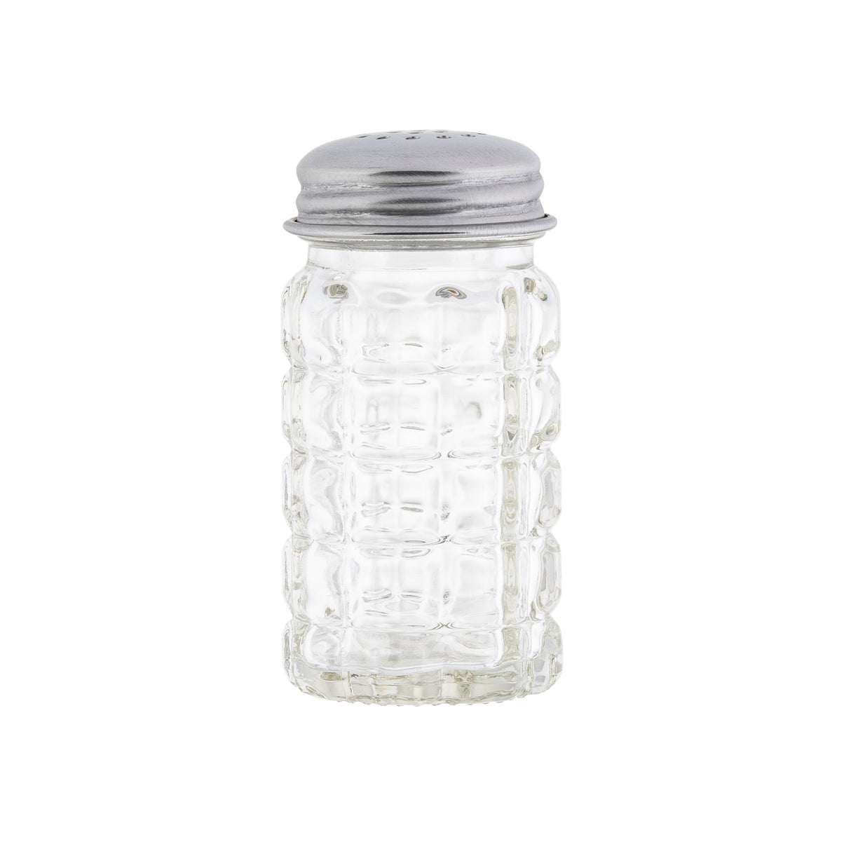 A clear, empty glass salt shaker with a grid pattern sits upright. Part of the Nostalgia Collection salt & pepper shakers, it features a silver metal screw-on lid with holes. The image has a plain white background.
