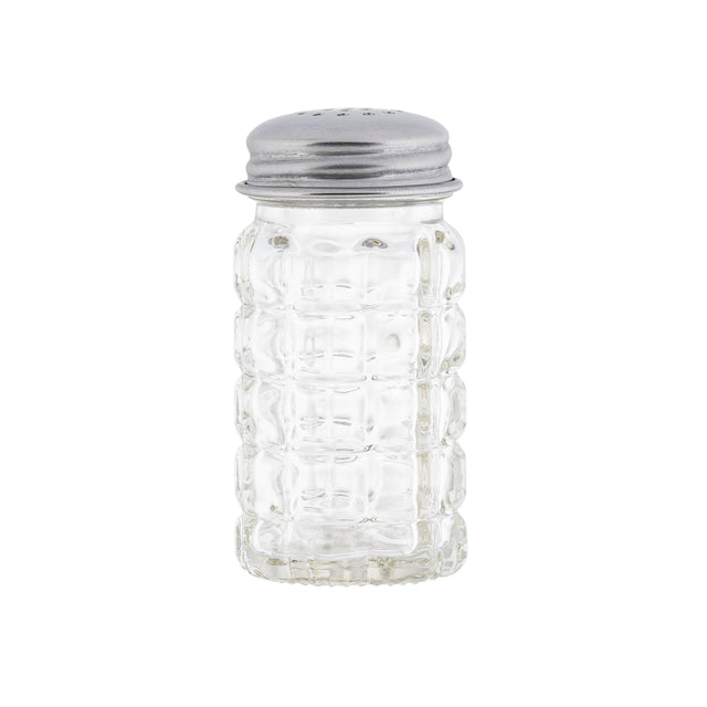 A clear, empty glass salt shaker with a grid pattern sits upright. Part of the Nostalgia Collection salt & pepper shakers, it features a silver metal screw-on lid with holes. The image has a plain white background.