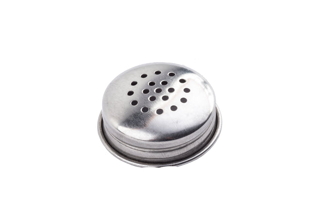 A round, stainless steel tea infuser lid with several small holes arranged in circular patterns on top, photographed against a plain white background. The surface is slightly shiny with visible reflections and is dishwasher safe.