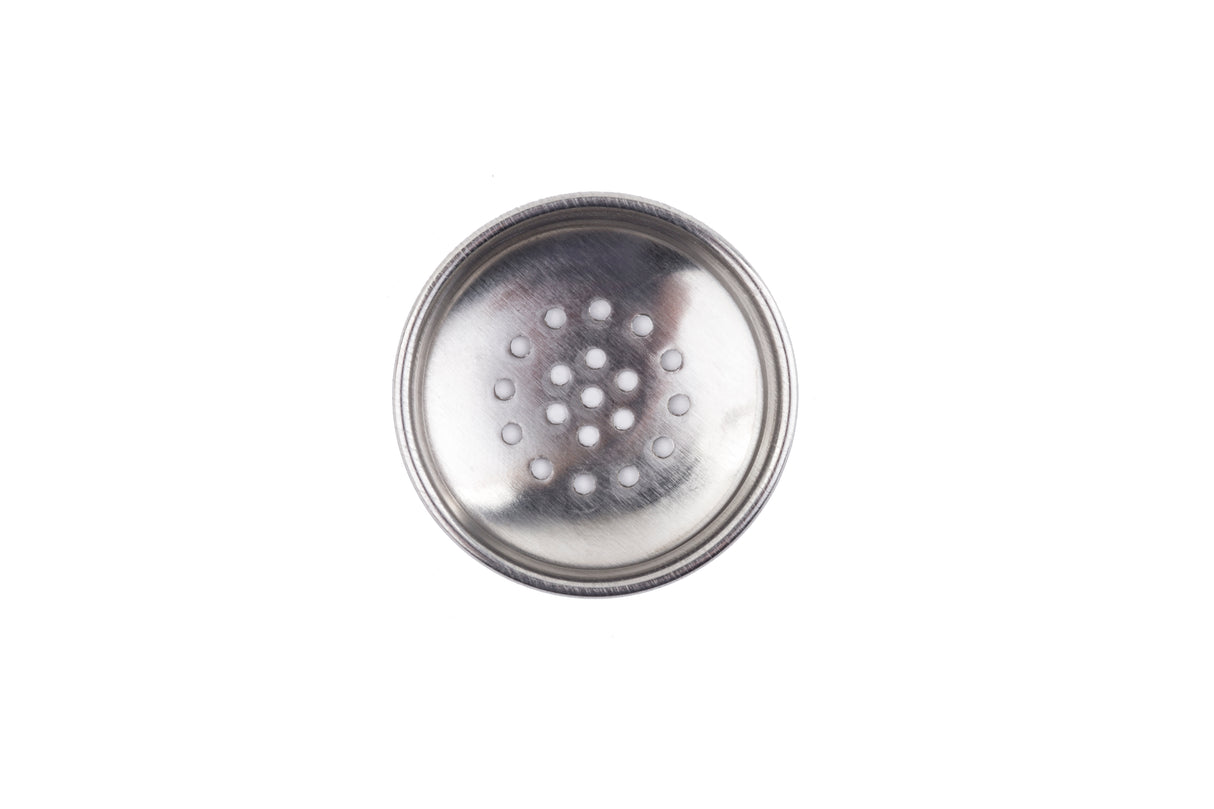 A round, stainless steel object with a slightly raised edge and a pattern of small holes in the center, arranged in a circular formation. The plain white background emphasizes its shiny surface—ideal as a replacement shaker top for your salt and pepper shaker.