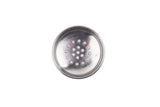 A round, stainless steel object with a slightly raised edge and a pattern of small holes in the center, arranged in a circular formation. The plain white background emphasizes its shiny surface—ideal as a replacement shaker top for your salt and pepper shaker.