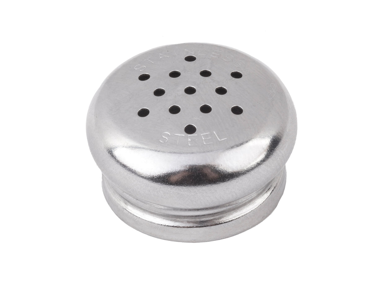 A close-up of a round, stainless steel salt & pepper shakers replacement top with multiple small holes for dispensing spices. The words STAINLESS STEEL are engraved around the edge of the lid, set against a plain white background.