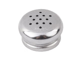 A round, stainless steel shaker lid with multiple small holes on top, viewed from a slight angle against a white background. Perfect as a replacement top for salt & pepper shakers, with STAINLESS STEEL faintly engraved on the curved edge.