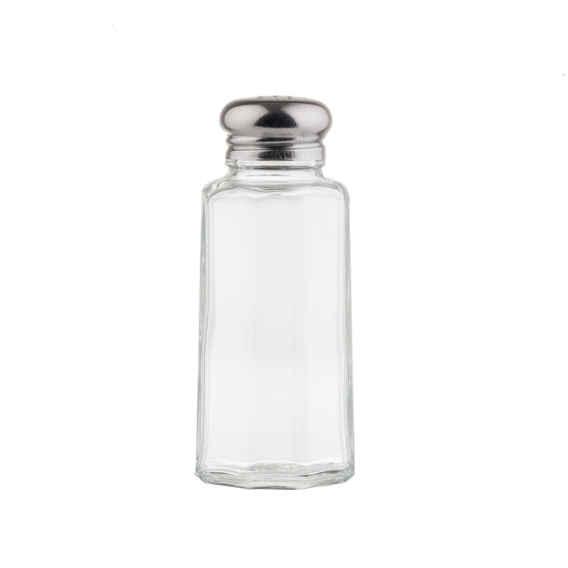 A clear glass salt shaker with a stainless steel top, displayed upright against a plain white background. The simple, faceted design fits perfectly among classic salt & pepper shakers and the container is empty.