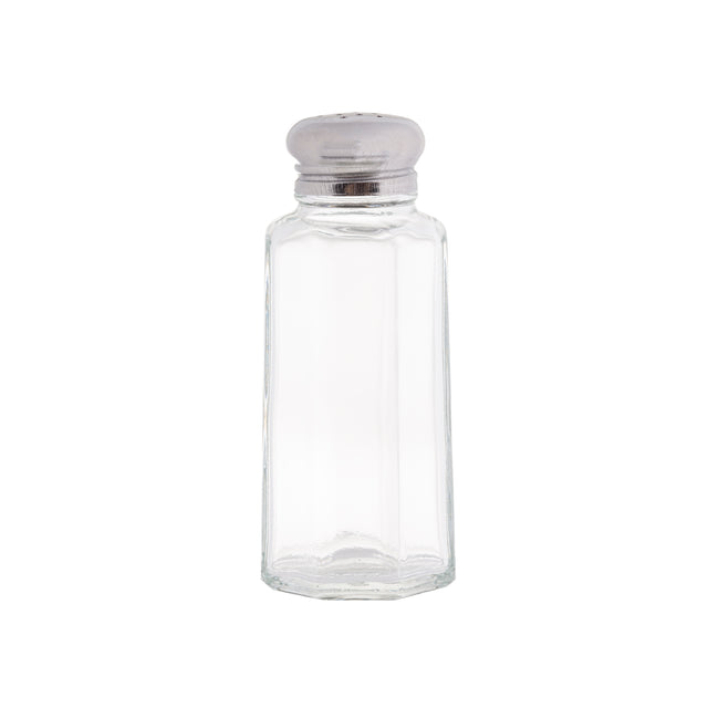 A clear, empty salt and pepper shaker with stainless steel top featuring small holes. The bottle has straight sides and a paneled glass, hexagonal base. It stands upright against a plain white background.