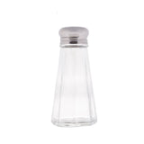 A clear, empty glass salt shaker with a stainless steel top sits upright on a white background. The hexagonal base tapers toward the top in this simple image—a classic piece among Salt & Pepper Shakers, with no contents or labeling visible.