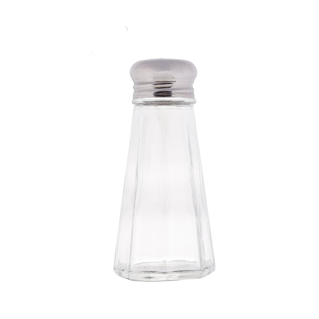 A clear, paneled glass salt/pepper shaker with a stainless steel screw-on lid. The shaker features a slightly tapered, hexagonal shape and is photographed against a plain white background.