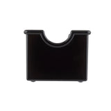 A small, black, rectangular plastic object with a curved notch at the top center, photographed against a plain white background. This TableCraft Sugar Packet Rack features a smooth, glossy surface and is dishwasher safe for easy cleaning.