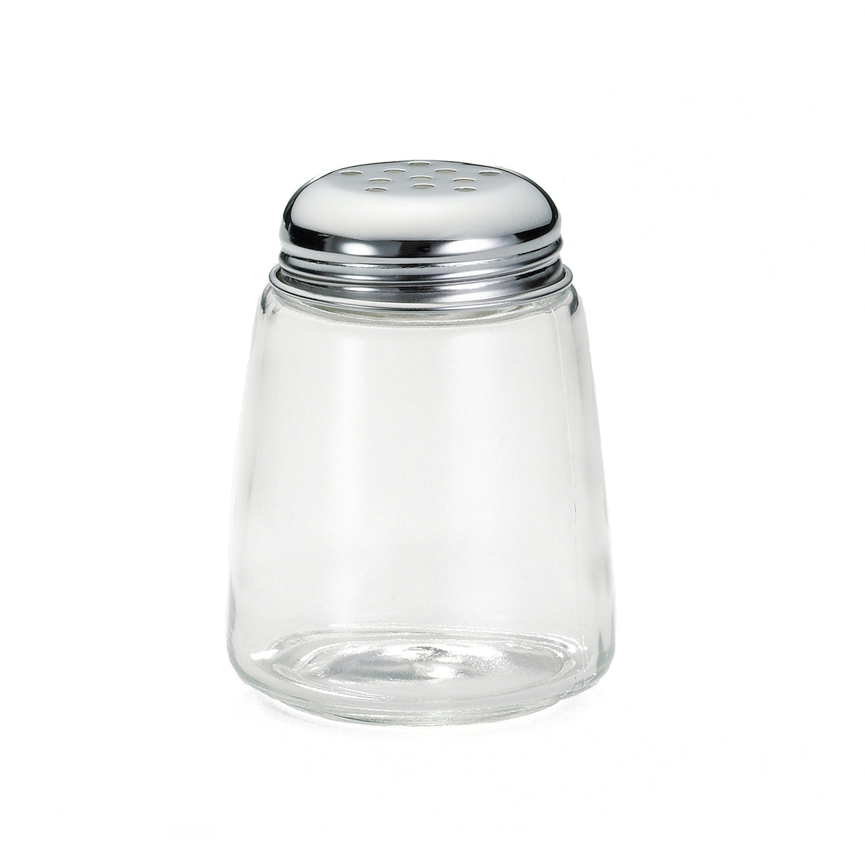 A clear, empty glass cheese shaker with a shiny, metallic screw-on lid featuring multiple small holes on top. This dishwasher safe shaker is simple and cylindrical, perfect for dispensing salt, pepper, or spices on a plain white background.