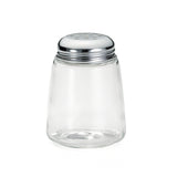 A clear, empty glass cheese shaker with a shiny, metallic screw-on lid featuring multiple small holes on top. This dishwasher safe shaker is simple and cylindrical, perfect for dispensing salt, pepper, or spices on a plain white background.