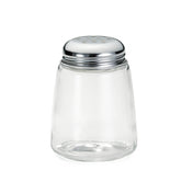 A clear, empty glass cheese shaker with a shiny, metallic screw-on lid featuring multiple small holes on top. This dishwasher safe shaker is simple and cylindrical, perfect for dispensing salt, pepper, or spices on a plain white background.