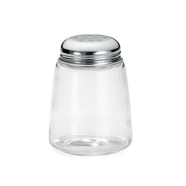A clear, empty glass cheese shaker with a shiny, metallic screw-on lid featuring multiple small holes on top. This dishwasher safe shaker is simple and cylindrical, perfect for dispensing salt, pepper, or spices on a plain white background.