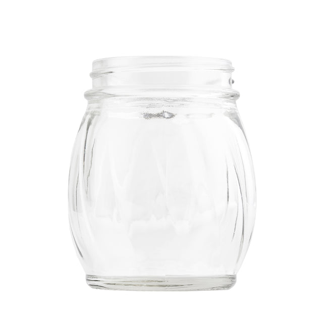 A clear, empty 6 oz glass replacement jar with a wide mouth and subtle vertical ridges sits against a plain white background. This cylindrical jar, inspired by classic swirl glass shakers, has slightly rounded sides and no lid.