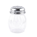 A clear, 6 oz swirl glass shaker with a ribbed design and shiny metal lid featuring small holes for dispensing. This replacement jar is empty and sits upright on a white background.