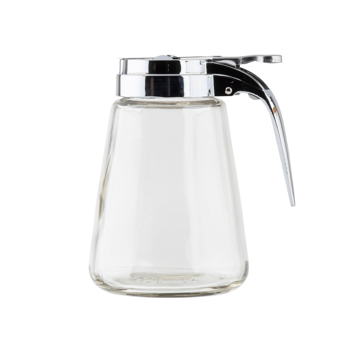 A modern glass dispenser with a chrome plated metal top and lever handle, photographed against a white background. The 12 oz dispenser is empty, and its spout is designed for easy pouring.