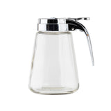 A modern glass dispenser with a chrome plated metal top and lever handle, photographed against a white background. The 12 oz dispenser is empty, and its spout is designed for easy pouring.