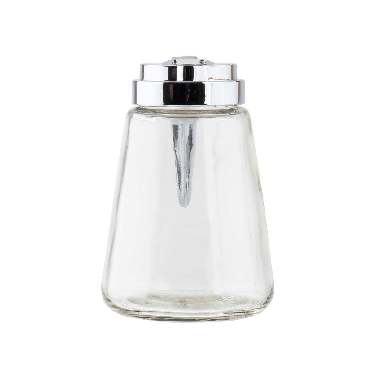A clear, empty 12 oz Modern Glass Dispenser with a chrome plated metal top, featuring a conical shape and central spout, photographed against a plain white background.