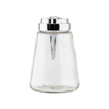 A clear, empty 12 oz Modern Glass Dispenser with a chrome plated metal top, featuring a conical shape and central spout, photographed against a plain white background.