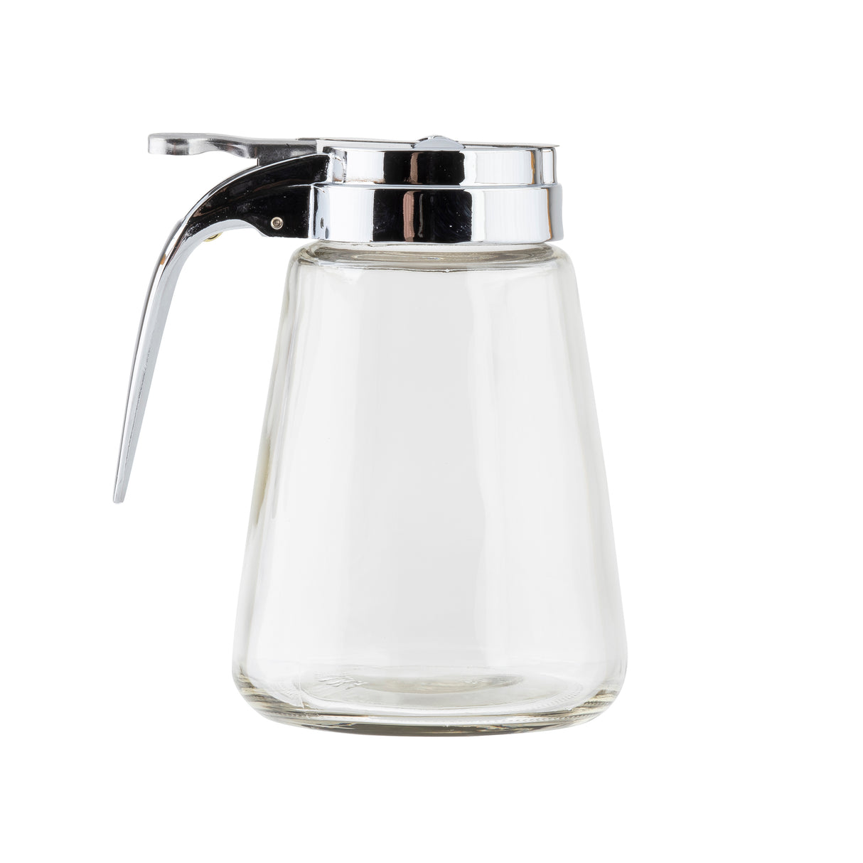 A modern glass dispenser with a 12 oz capacity, featuring a chrome plated metal top and handle. Photographed on a white background, its simple, classic design is perfect for serving syrup or honey. The clear dispenser is empty.