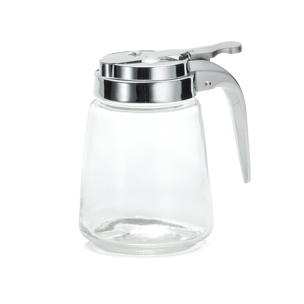 A clear glass syrup dispenser with a wide base, narrow neck, and a shiny chrome plated metal lid and lever handle. This TableCraft dispenser, empty and upright against a white background, is compatible with a replacement syrup dispenser top.