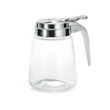 A clear glass syrup dispenser with a wide base, narrow neck, and a shiny chrome plated metal lid and lever handle. This TableCraft dispenser, empty and upright against a white background, is compatible with a replacement syrup dispenser top.