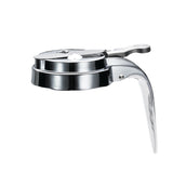 A shiny, chrome plated manual tortilla press with a round, flat base and hinged top plate. Featuring a long, curved handle for pressing, this TableCraft device has a polished silver finish and is isolated on a white background.
