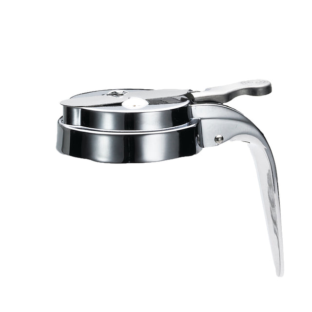 A shiny, chrome plated manual tortilla press with a round, flat base and hinged top plate. Featuring a long, curved handle for pressing, this TableCraft device has a polished silver finish and is isolated on a white background.