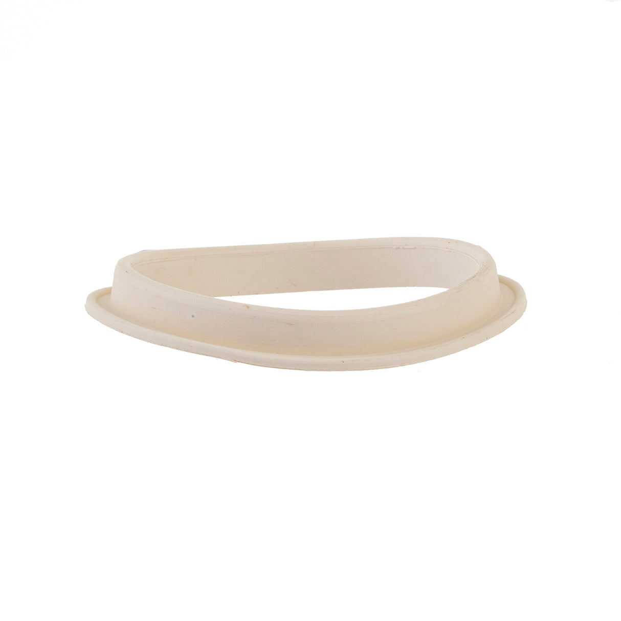 A white, oval-shaped Dispenser Gasket from TableCraft Products with a slightly raised rim sits on a plain white background. The flexible gasket shows subtle surface texture, minor speckling, and is dishwasher safe for easy cleaning.