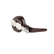 A handheld brown and silver can opener with a rotating wheel and a long ABS plastic handle, positioned on a white background. The metallic part extends outward, designed for gripping and turning to open cans.
