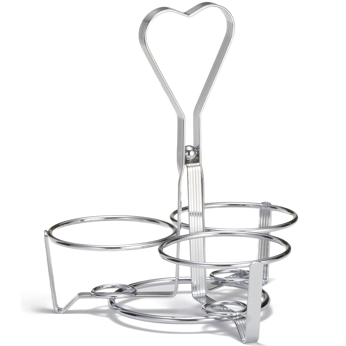 A chrome plated metal egg holder by TableCraft with three circular compartments and a central handle bent into a heart shape. Its open wire design keeps eggs upright and separated, making it as charming as a syrup dispenser rack.