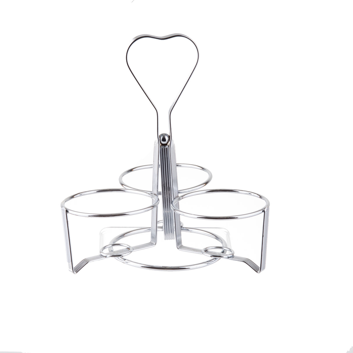 A chrome plated metal caddy with three circular holders and a heart-shaped handle, designed for carrying items like jars or glasses. The structure stands upright on a white background, perfect as a stylish Syrup dispenser rack.