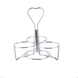 A chrome plated metal caddy with three circular holders and a heart-shaped handle, designed for carrying items like jars or glasses. The structure stands upright on a white background, perfect as a stylish Syrup dispenser rack.