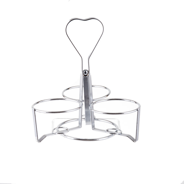 A chrome plated metal caddy with three circular holders and a heart-shaped handle, designed for carrying items like jars or glasses. The structure stands upright on a white background, perfect as a stylish Syrup dispenser rack.