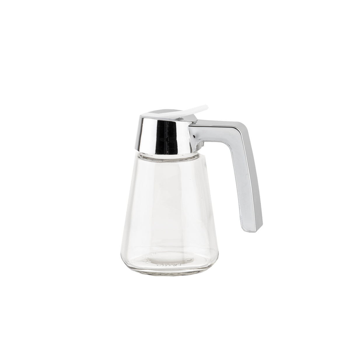 This Modern Glass Dispenser holds 12 oz. and features a wide base, silver metal lid with built-in spout, and an angular handle. Stylish and dishwasher safe, it’s set against a plain white background.