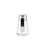 A 12 oz. Modern Glass Dispenser with a metal lid and levered spout. The clear, dishwasher safe container tapers at the top and bottom and sits centered on a plain white background, empty.