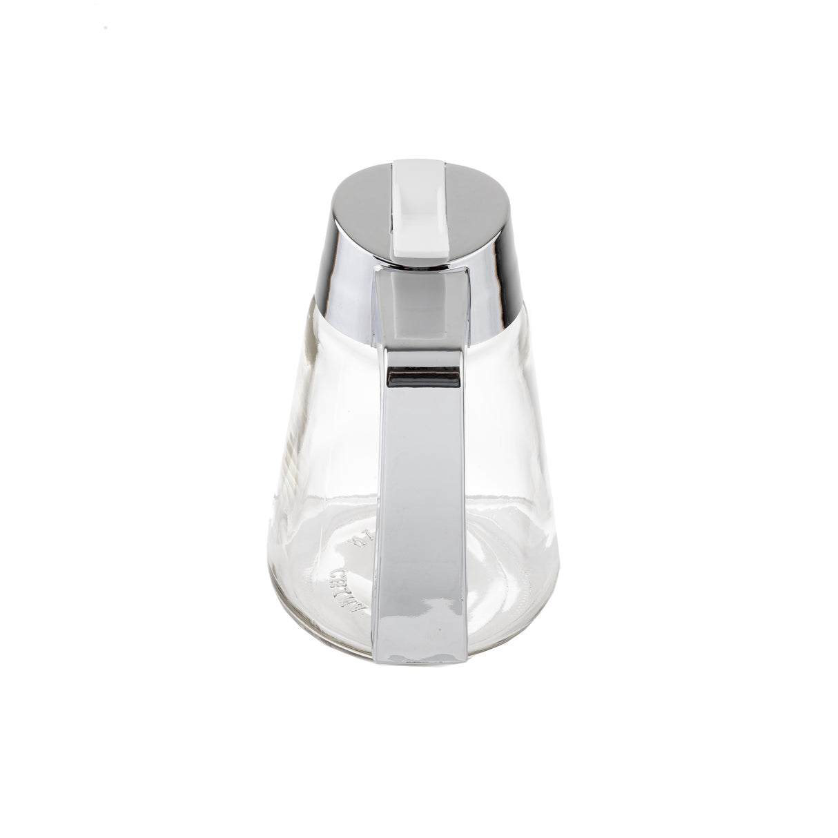 A clear Modern Glass Dispenser, 12 oz., with a shiny silver metal lid and handle is shown from the front against a white background. The empty dispenser’s simple, modern design is clearly visible and it is dishwasher safe.